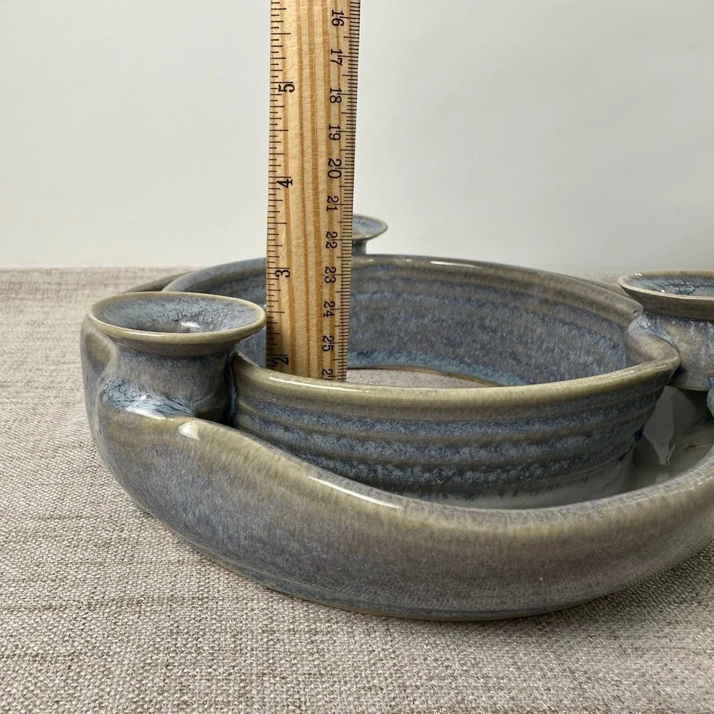 Signed Studio Pottery Triple Candle Holder Blue Gray Glazed Stoneware Pottery